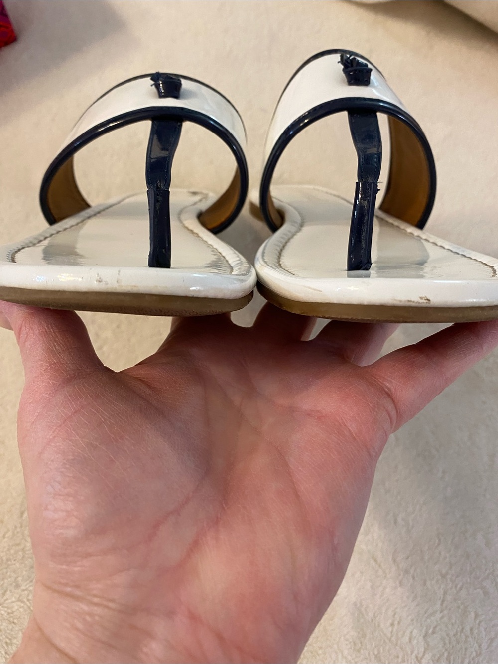 J. McLaughlin Leslie Thong Sandal White and Navy Patent 8 - Picture 3 of 7
